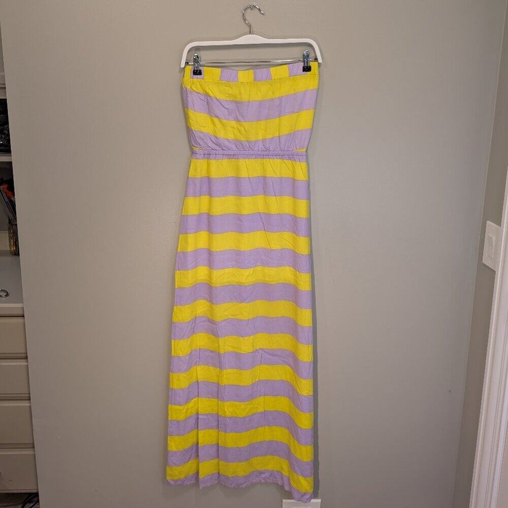 Splendid Strapless Maxi Dress Purple Yellow Stripe Blouson Top Lined - Size M